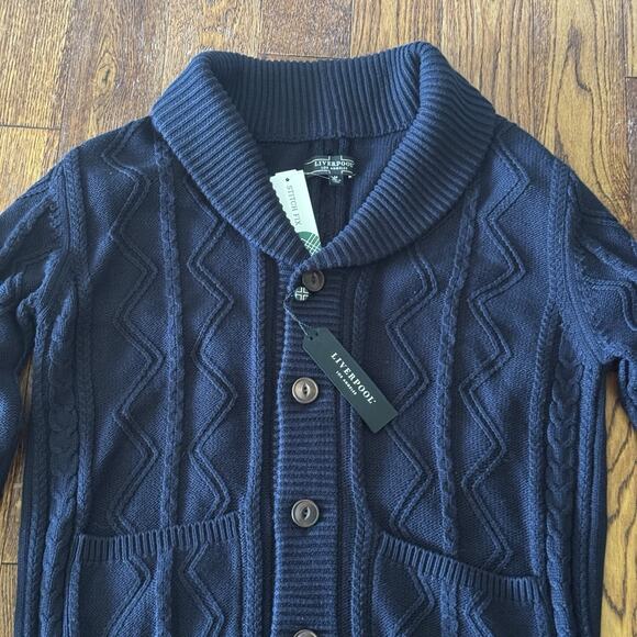 New Liverpool Mens Medium Cable Shawl Collar Cardigan Fisherman Navy Sweater - Picture 7 of 16